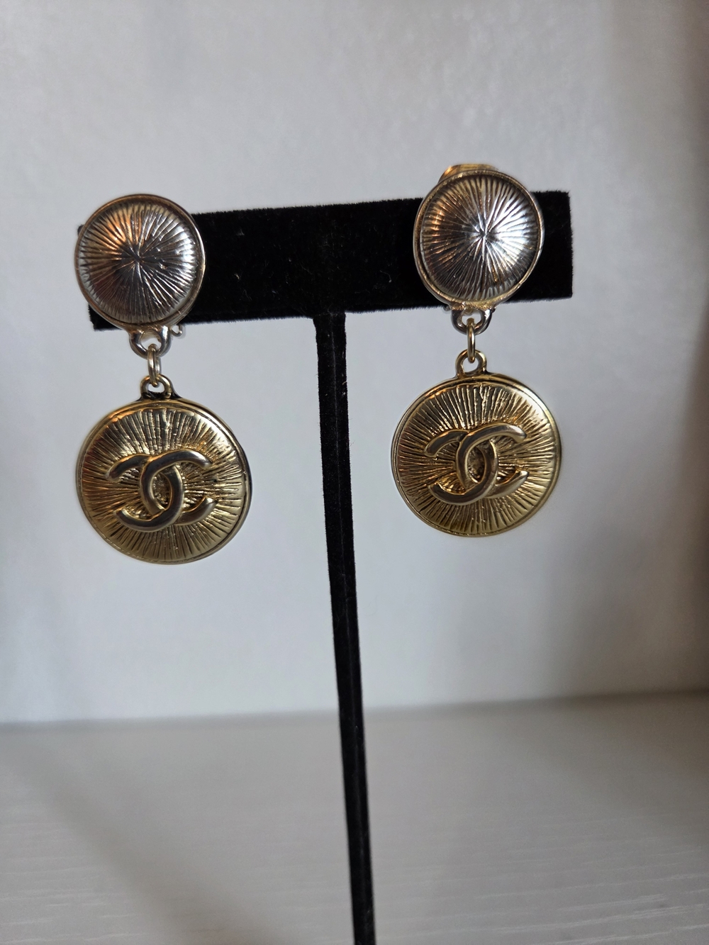 CHANEL Gold-Tone Radiant Double Disc Drop Earrings